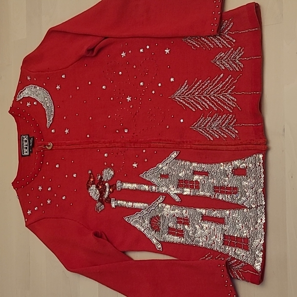 EUC Vintage Berek Red Christmas Themed Sequined and Beaded Zip Up Cardig… - Picture 14 of 15